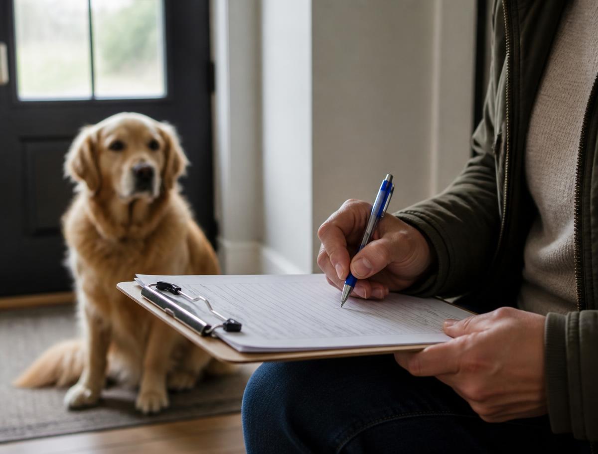 A dog owner signing a printed service agreement on a clipboard with a golden retriever waiting nearby