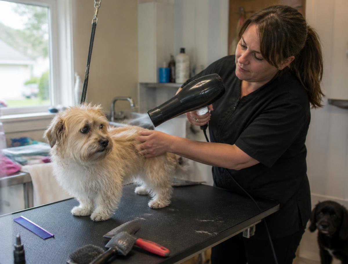 A groomer blow-drying a small terrier on a grooming table in a home salon