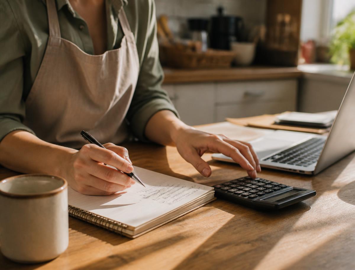 A pet business owner working out prices with a calculator and notebook at a kitchen table
