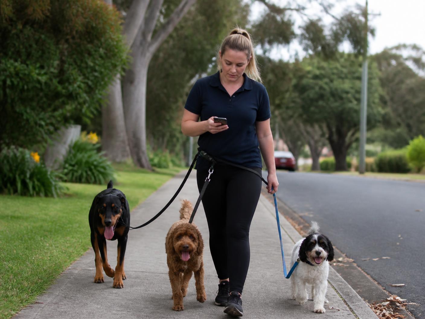 A dog walker checking her schedule on her phone while walking three dogs along a suburban street